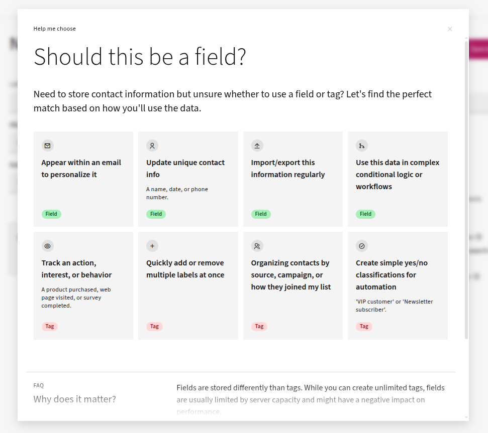 Screenshot of the Field vs Tag decision helper modal